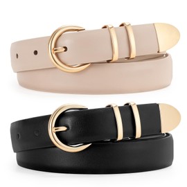 JASGOOD 2 Pack Women's Leather Belts with Gold Buckle Fashion Leather Waist Belt Elegant Ladies Belts for Jeans Dress,Black+Light Beige