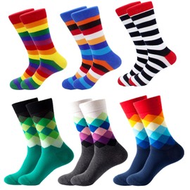 Men Funny Socks, Funky Crazy Dress Cotton Crew Work Socks Colorful Cartton Patterned Printed Novelty Art Socks Pack 6 Pairs