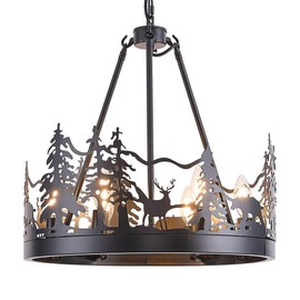 TELAFLY 6-Light Wagon Wheel Chandelier,Farmhouse Black Chandelier Dining Room Light Fixture,Round Industrial Vintage Kitchen Island Pendant Light for Living Room Entryway Foyer