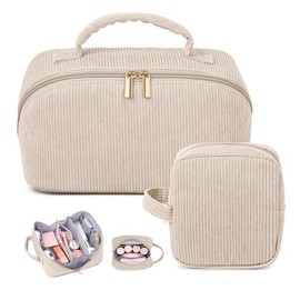 MAGEFY 2PCS Cosmetiquera para Maquillaje, Bolsa de Maquillaje de Pana con Asa, Juego de Tamaño Grande y Pequeño para Mujer, Estuche Expandible para Vi