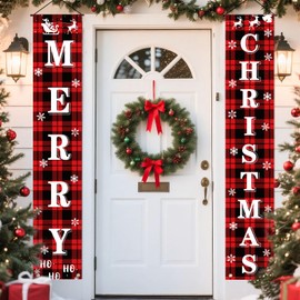 LOKIPA Christmas Decorations, Red Black Buffalo Plaid Christmas Banners Front Porch Sign Set Hanging Xmas Decorations for Home Xmas Decor Outdoor Indoor Front Door Yard Garage
