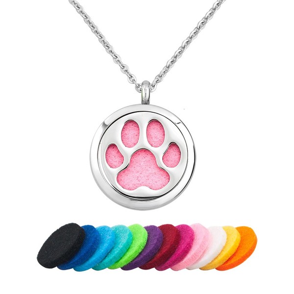 LovelyCharms Pet Paw Aromatherapy Essential Oil Diffuser Necklace with 12 pcs Refill Pads Stainless Steel Perfume Locket Necklace