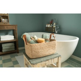 Decorasian Baskets for Shelf with Leather Handle - Jute Shelf Basket - Stylish Storage Basket for Bathroom, Children's Room & Bedroom - Size L