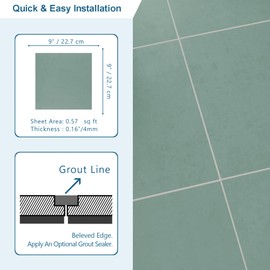 16-Pack Peel and Stick Floor and Wall Tile for Kitchen Bathroom, 9" x 9" Stone Composite Self Adhesive Vinyl Flooring Green Cement Looks Waterproof Backsplash Tile, Covers 9.12 Sq Ft.