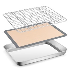Toaster Oven Baking Sheet Set, E-far 10.5”x8.3” Small Stainless Steel Cookie Sheet Pan with Wire Rack & Silicone Mat for Cooking Broiling, Rimmed Metal Tray Roasting Cooling Bacon Steak