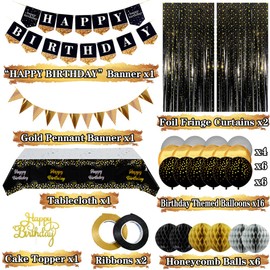Black and Gold Birthday Party Decorations with Happy Birthday Banner, Gold Black Balloons, Birthday Tablecloth, Foil Fringe Curtains, Honeycomb Balls, Birthday Decor for Men Women