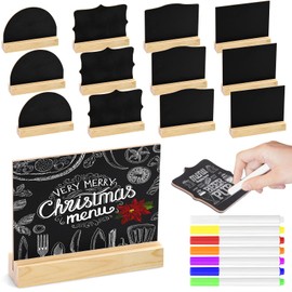 Pack of 12 Mini Chalkboards with Stand, 4 Styles, Small Wooden Chalkboards for Writing on with 7 Pens for Place Cards, Birthday, Place Cards, Wedding, Price Tags, Buffet Signs