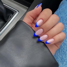 KQueenest 30 Pcs Royal Blue French Tip Press on Nails Short Almond, Natural Nude Fake Nails with Glue, Classic French Glue on Nails Short Stiletto, for Women Daily Wear