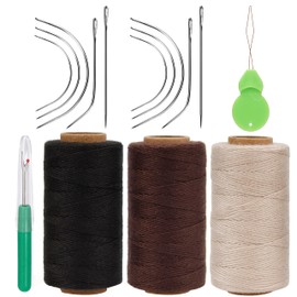 Lusecarl Needle and Thread for Hair Extensions 3 Rolls Hair Weave Sewing Threads with 10 Pcs C J I Shape Curved Upholstery Needles for Hand Sewing, Hair Extensions, Making Wigs DIY (10+3, 3Color)