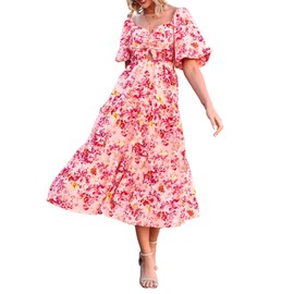 BTFBM Women Summer Dresses 2025 Casual Flowy Beach Square Neck Puff Short Sleeve Smocked Back Boho Floral Long Maxi Dress(Floral Pink Red, Small)