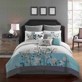 All American Collection New 7 Piece Embroidered Over-Sized Comforter Set (King, Turquoise/Grey)