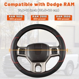 GIANT PANDA Car Steering Wheel Cover for Dodge Ram 1500 2500 3500 15.5-16 inches- Black+Red Trim