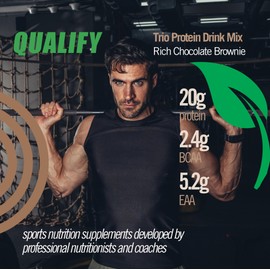 Qualify Plant Protein Powder Mix, Trio Rich Chocolate Brownie Flavored, Gluten Free, Vegan, Highly Kosher, 20g Protein, 2.4g BCAA, 26.4 Ounce