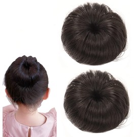 2PCS Synthetic Fiber Hair Bun with Alligator Clips Hair Extension Updo Donut Chignon Straight Synthetic Fake Ballet Messy Bun Short Ponytail Wig Hairpiece for Little Girls