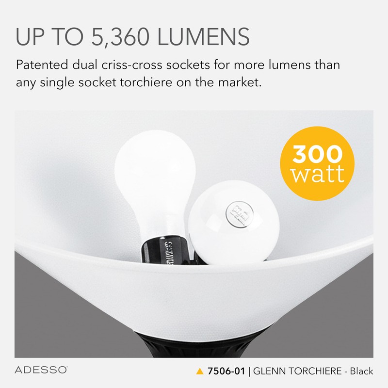 Adesso Black Torchiere Floor Lamp with Frosted White Shade –