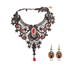 ELUYIVIA Goth Necklaces and Earrings for women Vintage Vampire Red Lace Choker Necklace Punk Rock Collar Gothic Necklace Halloween Party Cosplay