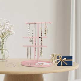 Elegant Jewelry holder Organizer 2-Tier Display Storage Stand for Earrings Necklaces with Ring Tray Spacious and Durable, Easy to Assemble Pink