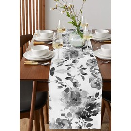 Cotton Linen Table Runner Watercolor Ink Flowers Dresser Scarf Abstract Color Gradient Floral 13"x36" Kitchen Dinning Table Runners Decor for Indoor Outdoor Party Holiday Wedding Black White Grey