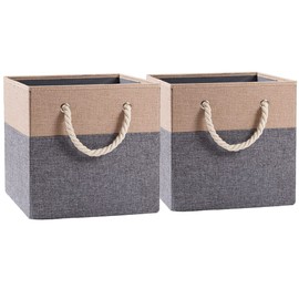 PRANDOM Large Foldable Cube Storage Bins 13x13 inch [2-Pack] Fabric Linen Storage Baskets Cubes Drawer with Cotton Handles Organizer for Shelves Nursery Closet Bedroom Khaki
