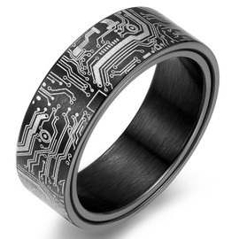 Adreamz 8mm Mens Black Spinner Ring Lasered Computer Circuit Board Pattern Ring Spinner Fidget Anxiety Ring for Men Anxiety Black Stainless Steel Ring For Men Programmer Wedding Ring 10