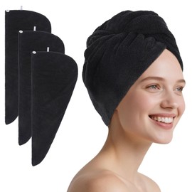 SINLAND Microfiber Hair Drying Cap Hair Towel Turban Twist for Women Fast Drying Towels Head Turban Absorbent Soft Lightweight Black 3 Pack