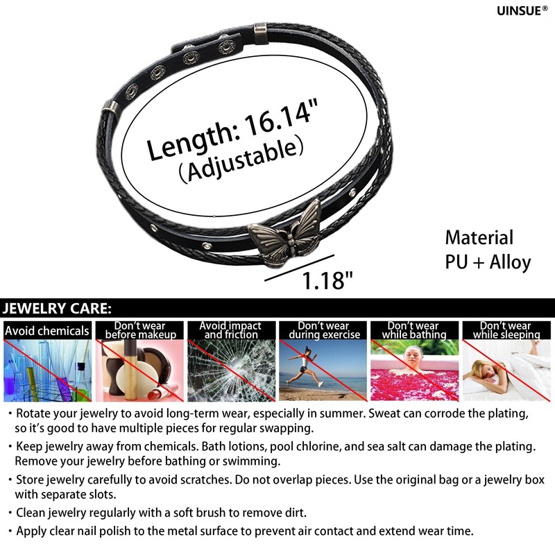 UINSUE Butterfly Leather Bracelets & Necklace Combo Adjustable Grunge &