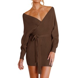 ZESICA Women's Fall Long Batwing Sleeve Wrap V Neck Knitted Backless Bodycon Pullover Sweater Dress with Belt,Brown,Medium