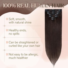 TESS Brown Hair Extensions Clip in, 14 Inch 60g Clip in Hair Extensions, 8 Pieces Clip in Hair Extensions Real Human Hair - (Dark Brown)