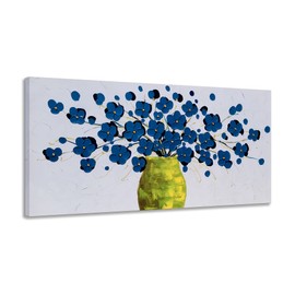 SYGALLERIER Blue Flower Canvas Wall Art in Vase with 3D Hand Painted Textured Modern Aesthetic Botanical Pictures Contemporary Oil Paintings for Living Room Bedroom Dinning Decor