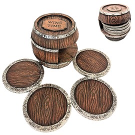 Rustic Western Style Decorative Barrel Coaster Set - Barrel Coaster Holder with 4 Coasters Bar Dining Kitchen Décor