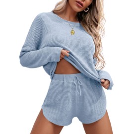 Ekouaer Womens Waffle Knit Pajama Sets Long Sleeve Top and Shorts Matching Lounge Set Sleepwear Loungewear Sweatsuit with Pockets Baby Blue XX-Large
