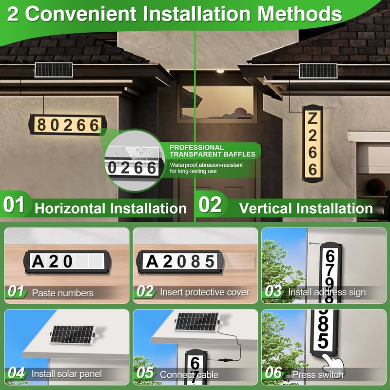 T-SUNUS Solar House Numbers with Separate Panel, IP65 Waterproof Outside