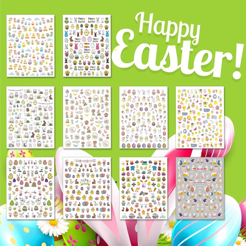 TailaiMei 10 Sheets Easter Nail Stickers, Self-Adhesive Rabbit Nail Art