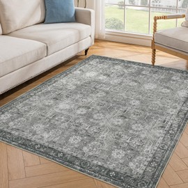 Woodbruy Washable Rugs 5x7 Rugs - Grey Area Rug for Bedroom Soft Vintage Carpet Floral Rugs for Living Room with Non Slip Backing Dining Room Decor Floor Decoration Mat Distressed Gray