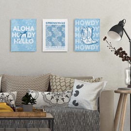 PHAMTE Western Howdy Christian Cowgirl Wall Art Decor Canvas Set of 3, Blue Preppy Boots Bow Floral Pictures Wall Decor for Girly Living Room Home, Trendy Scripture Framed Artwork for Walls 11x14in