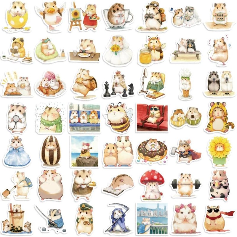 50-Piece Cute Hamster Stickers, Vinyl Waterproof Aesthetic Scrapbook Sticker Pack,