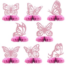 Maicaiffe Butterfly Honeycomb Centerpieses Decorations - Glitter 8 Pcs Girl Baby Shower Party Table Toppers Decor - Gender Reveal - Engagement - Wedding - Butterfly Theme Party Decoration Supplies