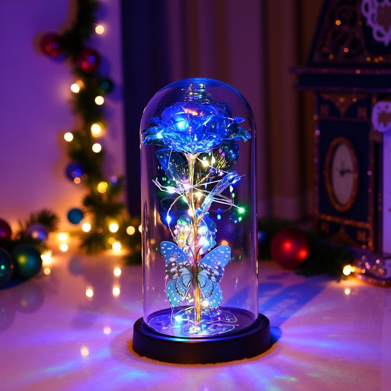 Valentines Day Romantic Gift Galaxy Rose LED Glass Dome Butterfly