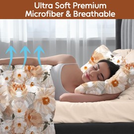 LONAVA Floral Queen Size Bed Sheet Set, 6 Piece, Deep Pocket Beige Fitted Sheet, Comfy & Breathable Patterned Flat Sheets, 100% Brushed Microfiber, Gold Painted Flowers Printed