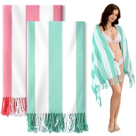 2 PacksOversized Cotton Turkish Beach Towels 74"x38" Thin Quick Dry Sand Free Pool Swim Bathing Towel Extra Large Blanket Adult Travel Essentials Accessories Summer Vacation LightGreen Pink Stripe