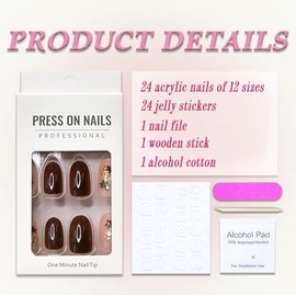 Brown Press on Nails Medium Almond MABKJLF Fake Nails False Nails with Maple Leaves Glitter Gold Foil Designs Full Cover Glossy Glue on Nail Autumn Acrylic Nail for Women Girls 24Pcs