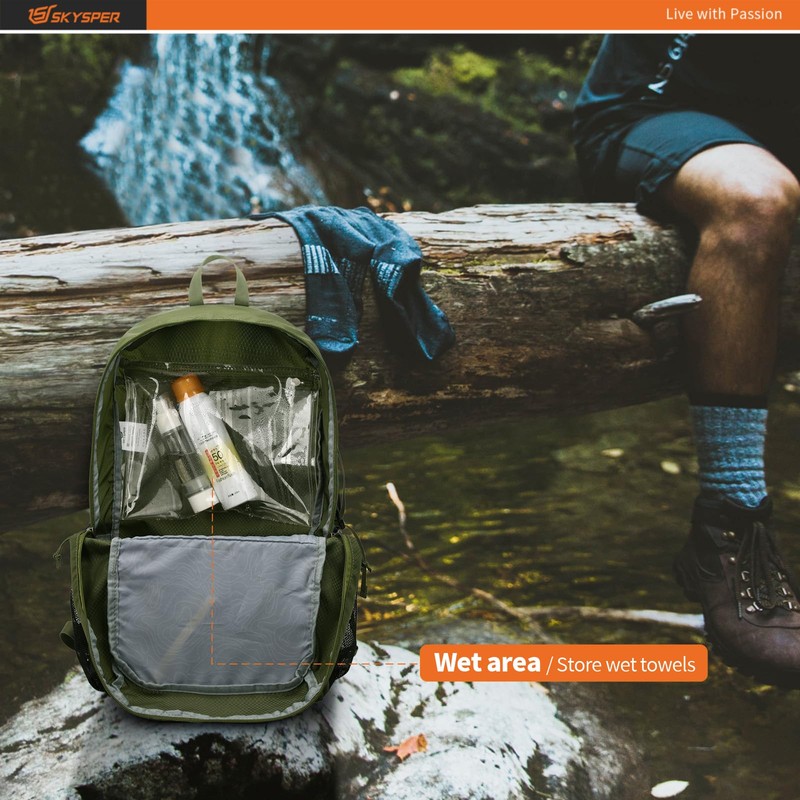 SKYSPER Ultralight Foldable Backpack with Wet Compartment - Waterproof and