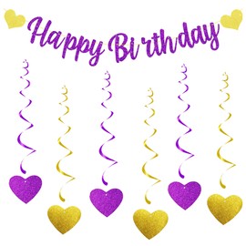 Happy Birthday Banners with 6 Pieces Hanging Swirl Sweet Heart Purple Gold Glitter Bunting Banner For Women Girls Birthday Bunting For Birthday Party Decorations Backdrop