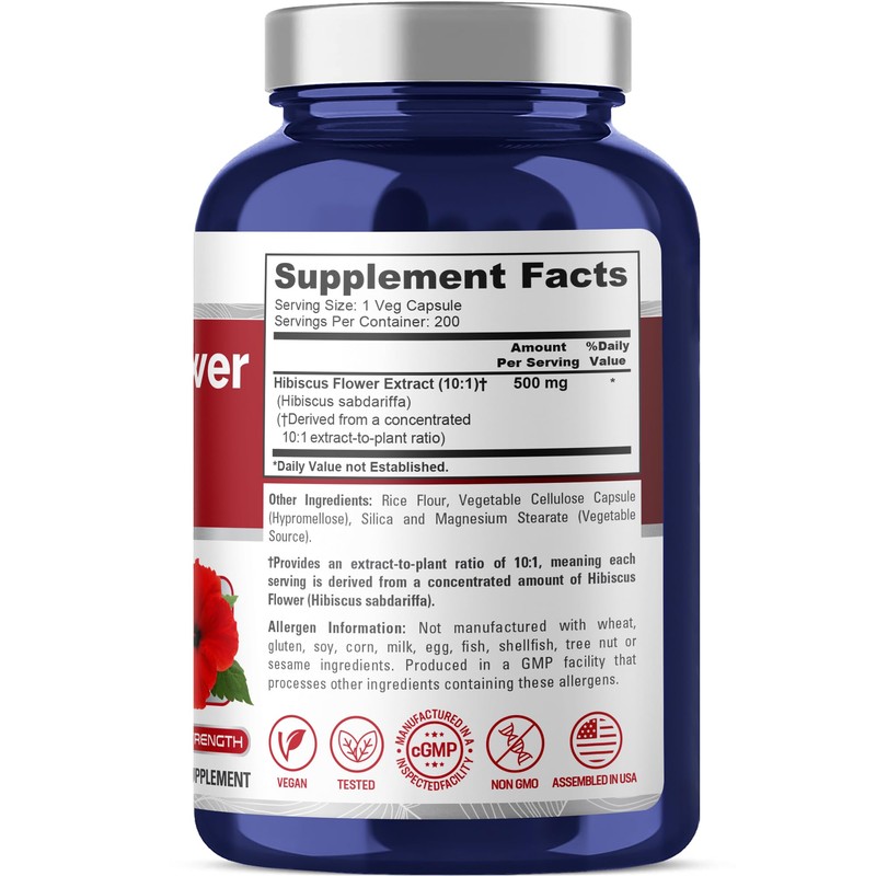 NusaPure Hibiscus Flower Capsules, 500 mg, 200 Veg Capsules (Non-GMO,