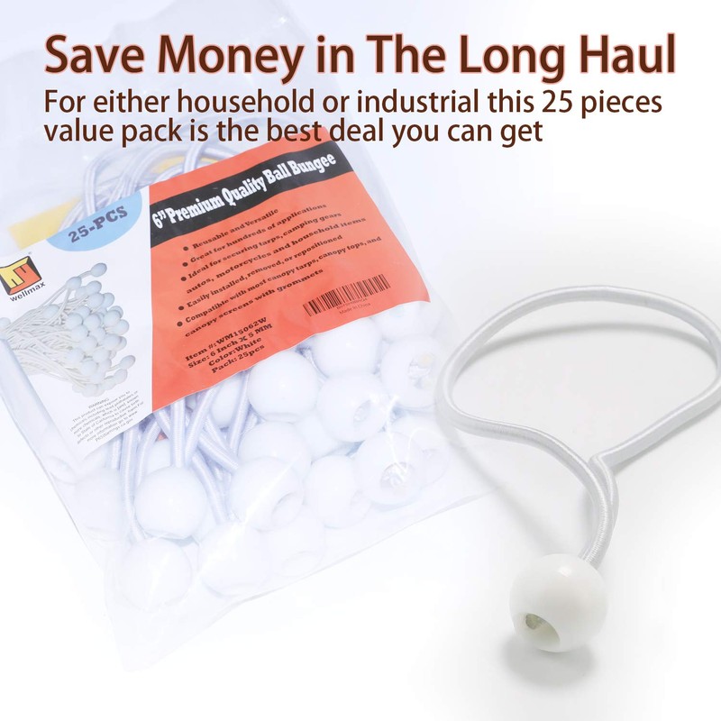 6 inch 25 Piece Heavy Duty 5mm Ball Bungee Canopy