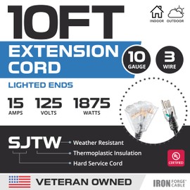 Iron Forge Cable 10 Gauge Extension Cord 10 Ft with 3 Outlets, SJTW 10/3 Heavy Duty Outdoor Extension Cord with Multiple Outlets 10ft, 15 AMP Black Outdoor Cable for Major Appliances, US Veteran Owned