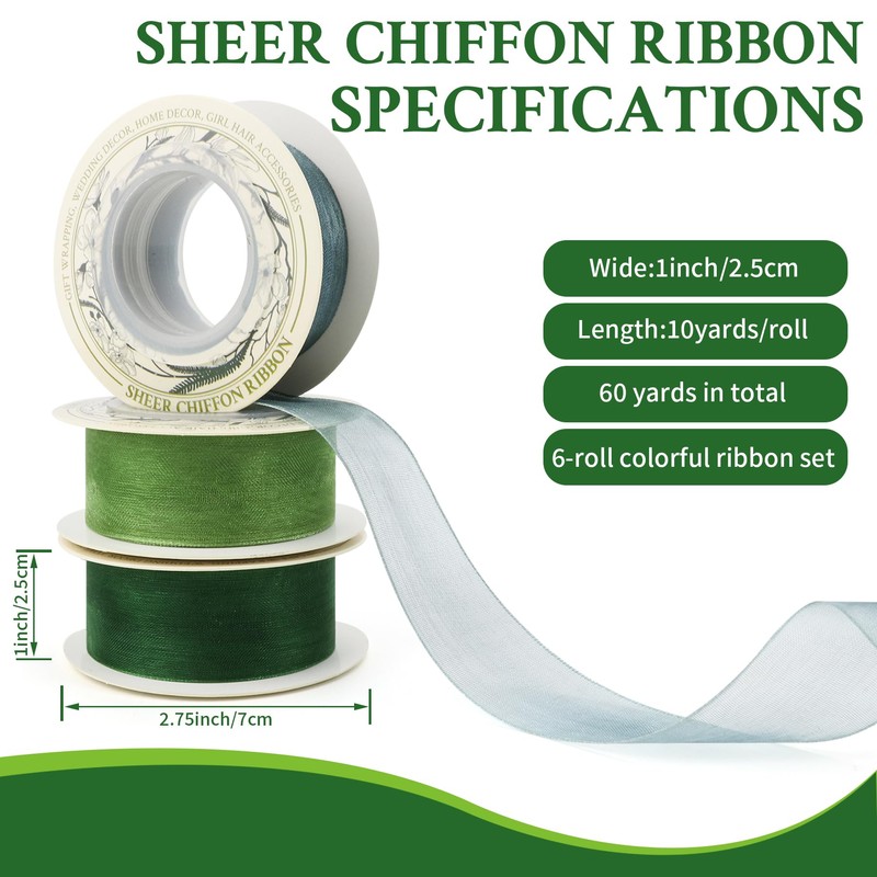 6-Roll Sheer Organza Ribbon 1" x10yd, Mixed Colours, Satin Hem