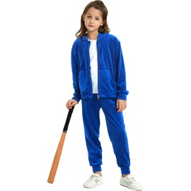 MessBebe Girls Sweatsuits Jogging Set Velour Tracksuit 2 Piece Outfits Zip Up Hoodies and Pants Sportswear Set Dark Blue 110
