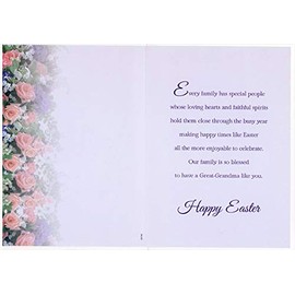 Designer Greetings Pink Flowers in White Vase Inside Purple Foil Bordered Circle Great-Grandma Easter Card