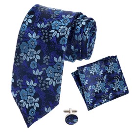 HOVEOX Mens Tie and Pocket Square with Cufflink Necktie Set for Men (Blue)